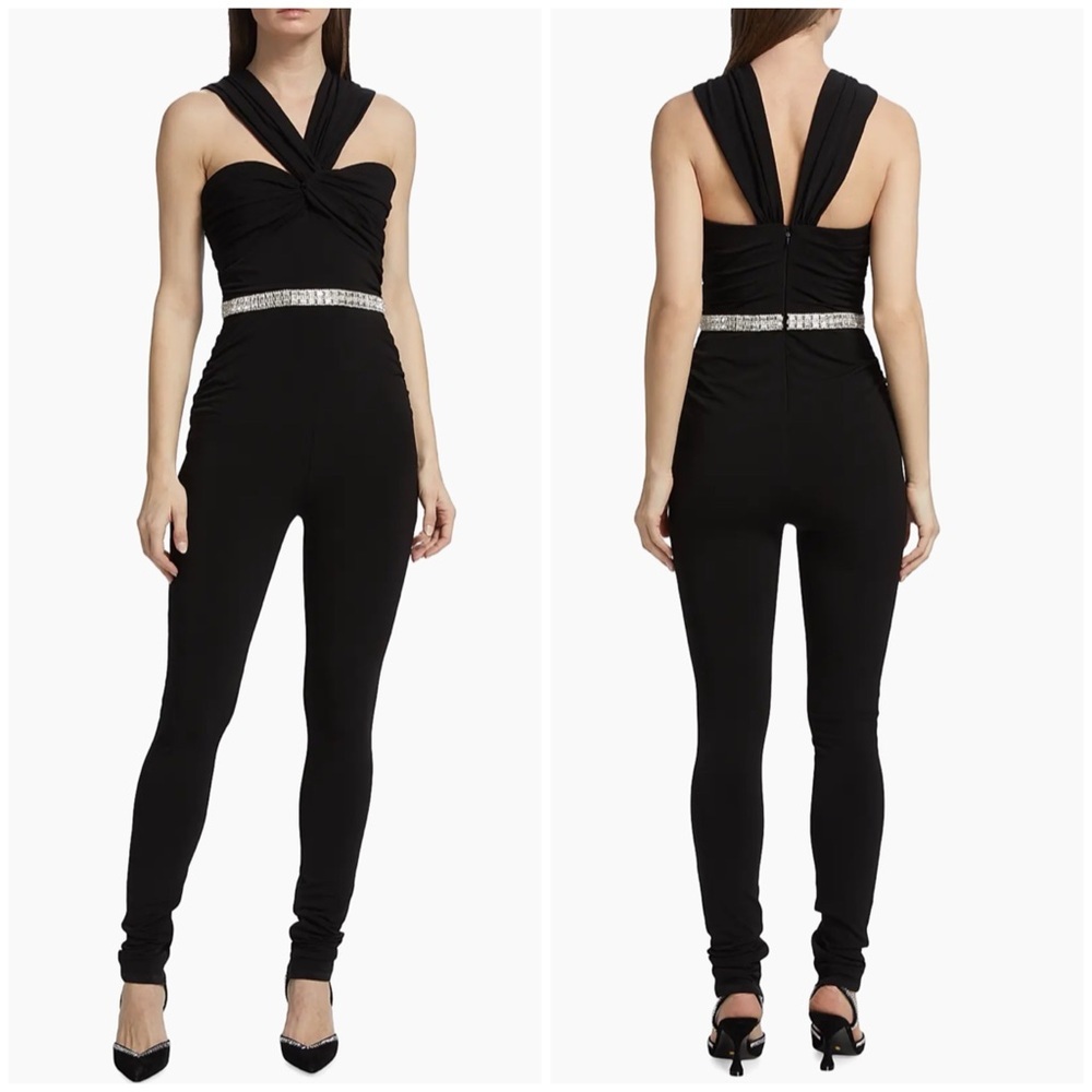 New Cinq a Sept Sariah Skinny Embellished Jumpsuit Black Crystal Rhinestone Sz 6